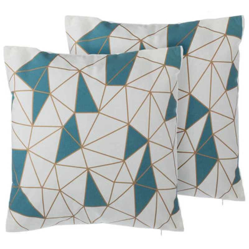 Image of Beliani Set Of 2 Decorative Cushions Clarkia Cotton 45 X 45cm Blue Geometric Pattern