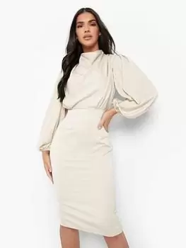 Image of Boohoo Satin Draped Cowl Neck Midi Dress - Beige, Beige, Size 14, Women