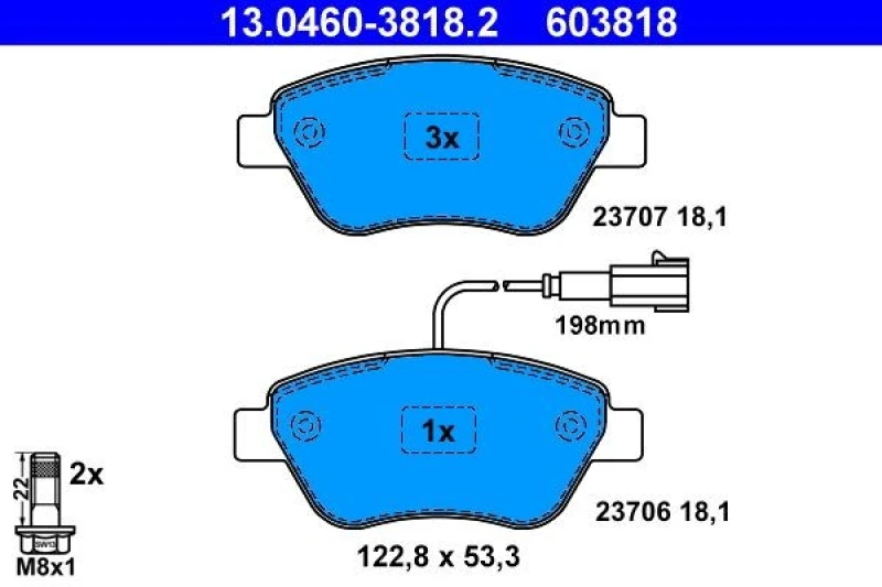 Image of ATE 13.0460-3818.2 Brake pad set incl. wear warning contact, with brake caliper screws Brake Pad Set,disc brake (402)
