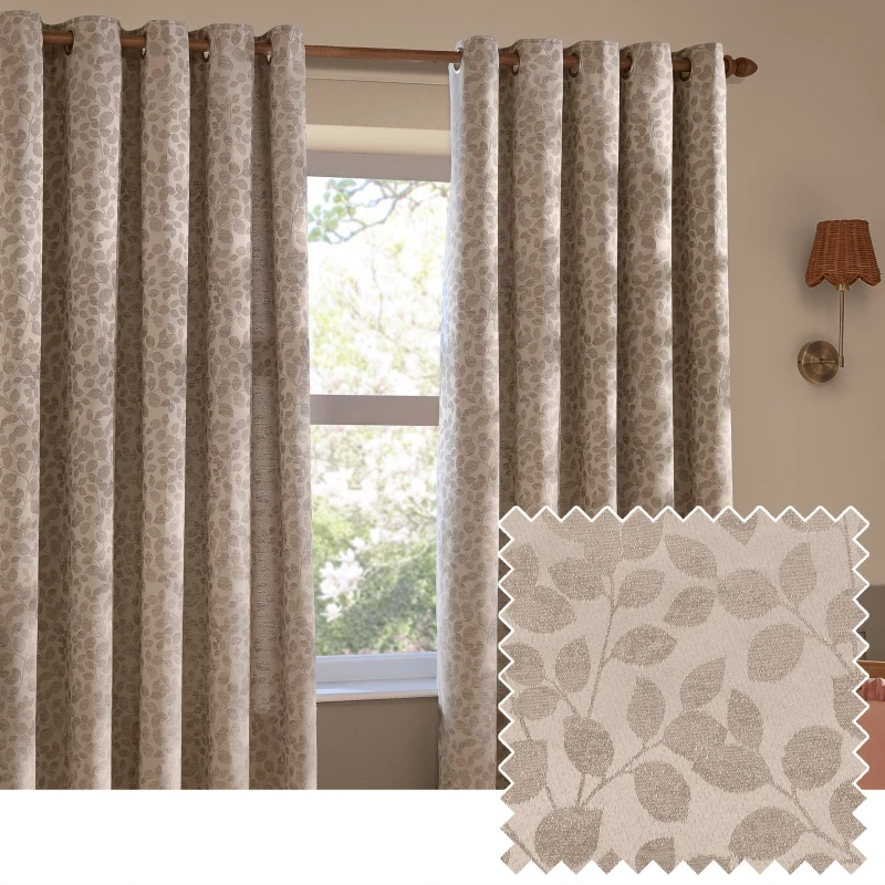 Image of Wylder Grace Leaf Jacquard Room Darkening Eyelet Curtains Taupe 229Cm Width 229Cm Drop, Grey 5025532390226