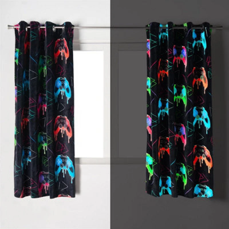 Image of OHS OHS Glow-in-the-Dark Kids Gaming Print Curtains in Black Size: 168cm width x 183cm drop Black 168cm width x 183cm drop Unisex 5027434232321