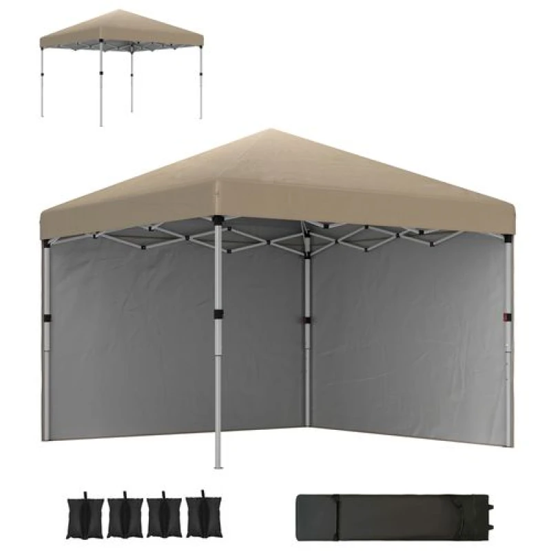 Image of Outsunny 3x3 (M) Pop Up Gazebo Party Tent w/ 2 Sidewalls, Weight Bags Khaki