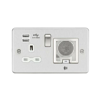 Image of Flat Plate 13A socket, USB chargers (2.4A) and Bluetooth Speaker - Brushed chrome with white insert - Knightsbridge