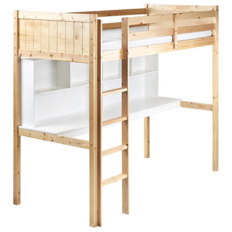 Image of Beliani High Sleeper Bed With Desk Pine Wood Foucamont 90 X 200 Cm (Eu Single) Light Brown