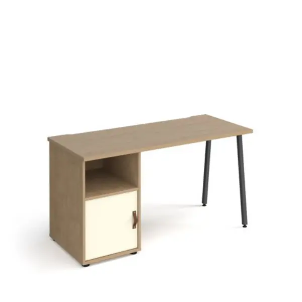 Image of Sparta straight desk 1400mm x 600mm with A-frame leg and support pedestal with cupboard door - charcoal frame, oak finish with white door