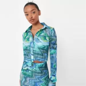 Image of Missguided Plisse Cropped Shirt - Blue