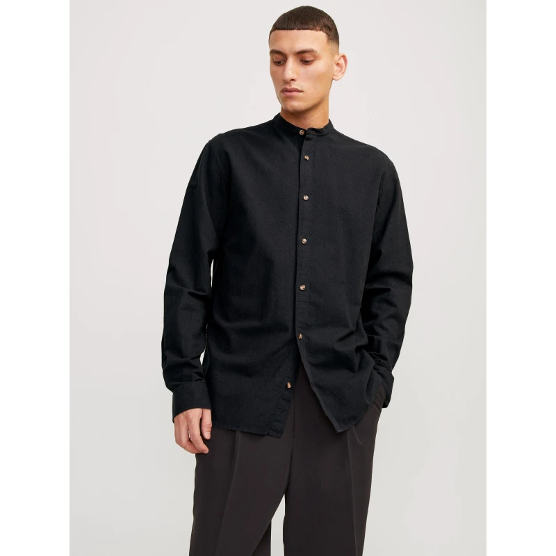 Image of Jack and Jones Long Sleeve Buttoned Linen Shirt - Black M