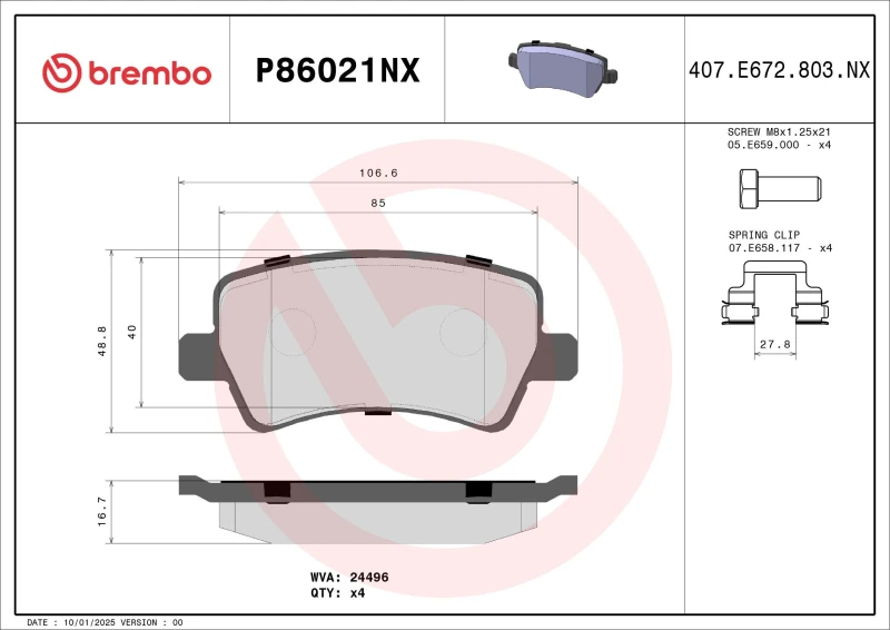 Image of BREMBO Brake pad set BREMBO P86021NX