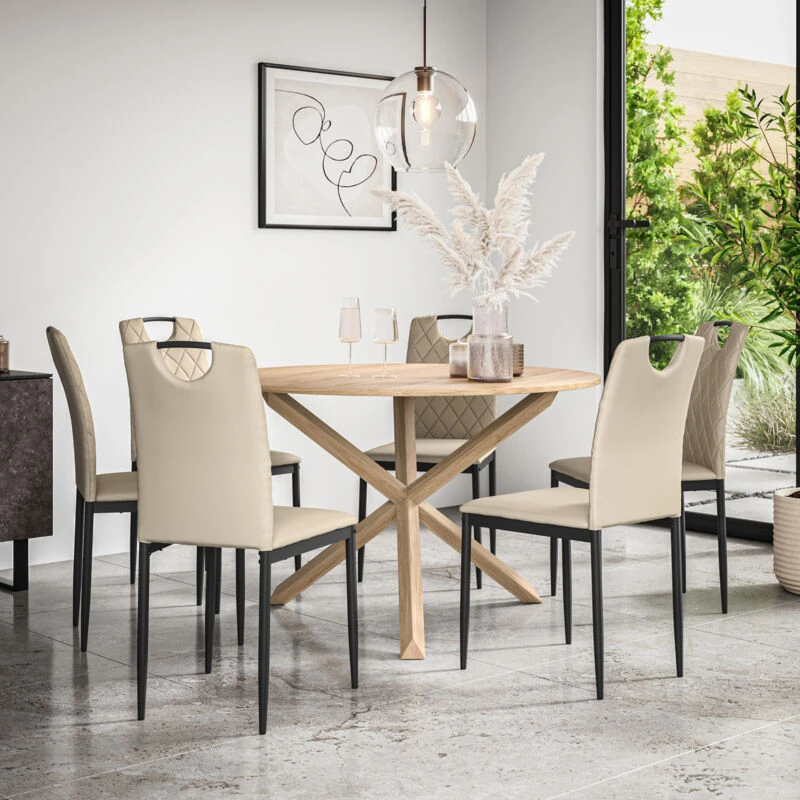 Image of More4Homes Malvern Round Dining Table & Chairs - Oak Table Top w Solid Oak Legs + Monza Faux Leather Dining Chair Set Of 6 in Beige Beige Unisex