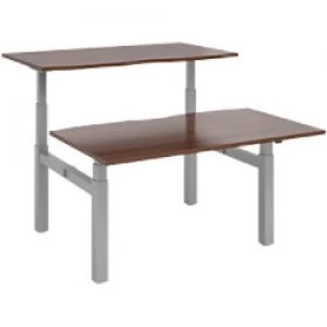 image of Elev8² Rectangular Sit Stand Back to Back Desk with Walnut Melamine Top and Silver Frame 4 Legs Touch 1400 x 1650 x 675 - 1300 mm