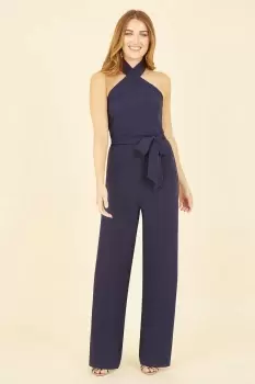 image of Navy Cross Over Halter Neck Jumpsuit