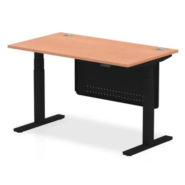 image of Air 1400 x 800mm Height Adjustable Desk Beech Top Cable Ports Black Leg With Black Steel Modesty Panel