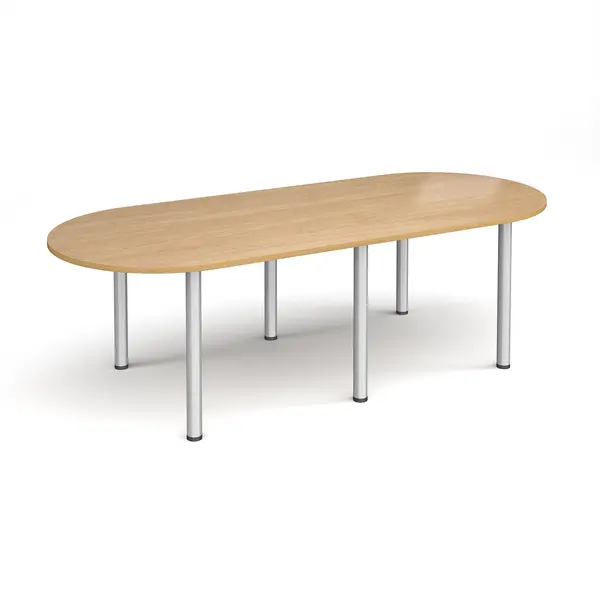 image of Radial End Meeting Table with 6 Silver Legs - 2400mm x 1000mm - Oak