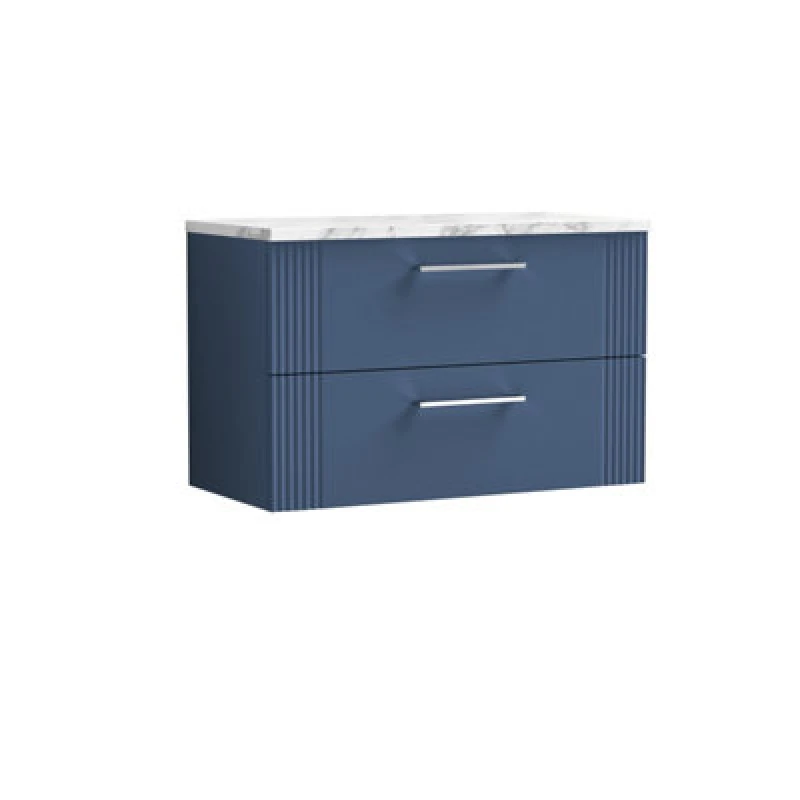 Image of Nuie Deco Wall Hung 2-Drawer Vanity Unit & Bellato Grey Laminate Worktop, Counter Top Vanity Unit In Satin Blue, 800mm