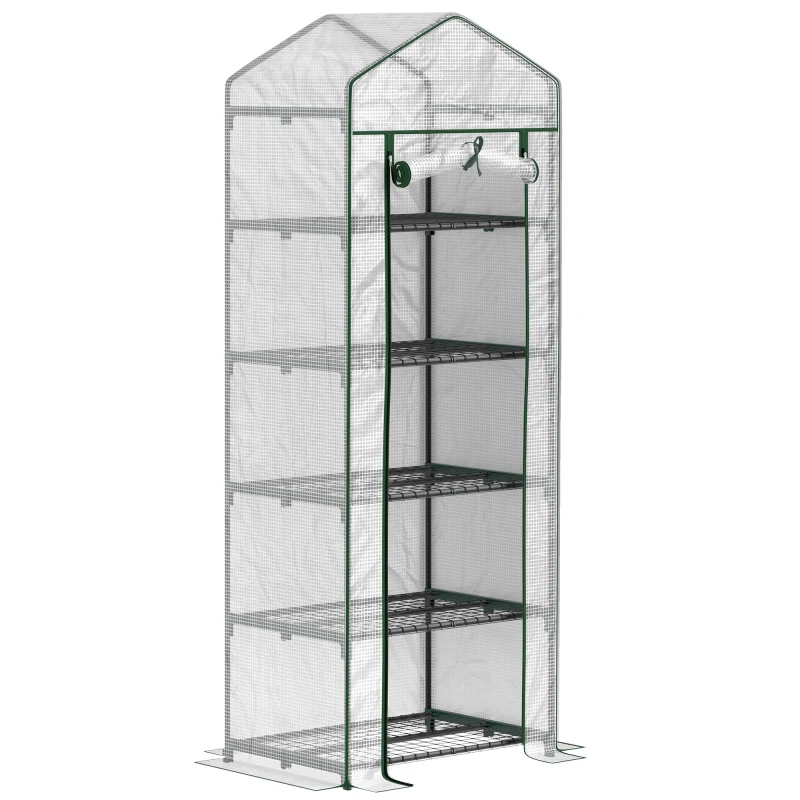 Image of Outsunny 5 Tier Mini Greenhouse Grow House w/ Roll Up Door, White/Green Off White