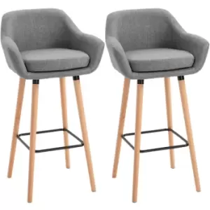 image of Homcom - 2 PCs Upholstered Fabric Bucket Seat Bar Stools w/ Solid Wood Legs Grey