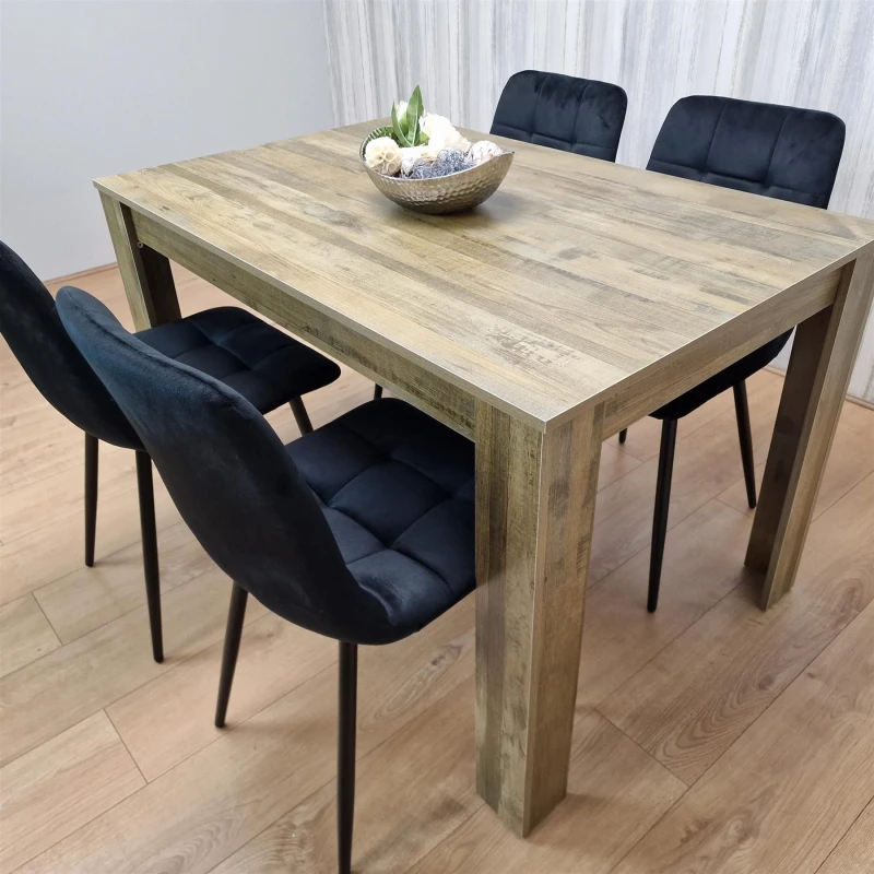 Image of KOSY KOALA KOSY KOALA Dining Table and 4 Chairs Rustic Effect Wood Table 4 Black Velvet Chairs Dining Room in Brown Size: 140cm x 80cm Brown 140cm x