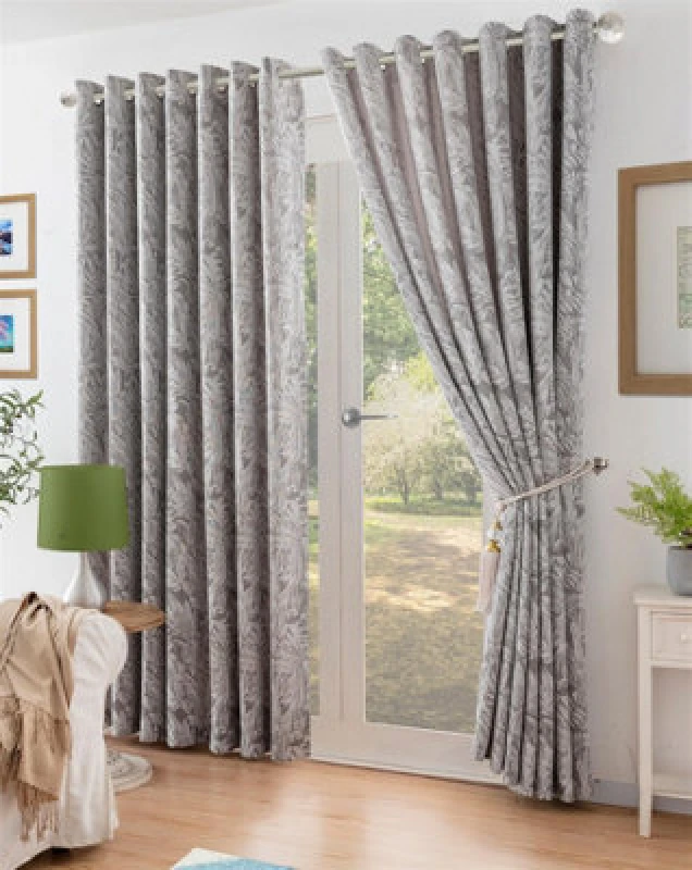 Image of Luxury Living Chenille Jacquard Lined Ring Top Eyelet Curtains Silver