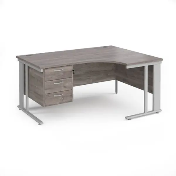 Image of Maestro 25 right hand ergonomic desk 1600mm wide with 3 drawer pedestal - silver cable managed leg frame, grey oak top