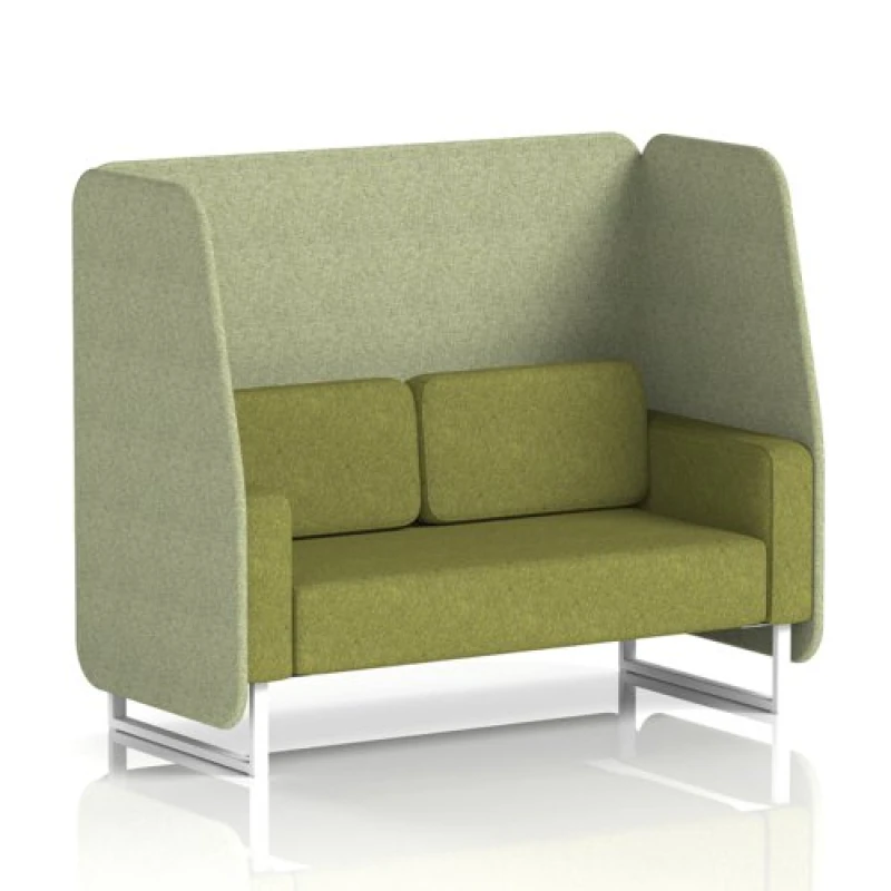 Image of Brixworth 2 Seater Open Office Booth with White Legs in Rivet Fabric - Burnish Panels and Olive Sofa