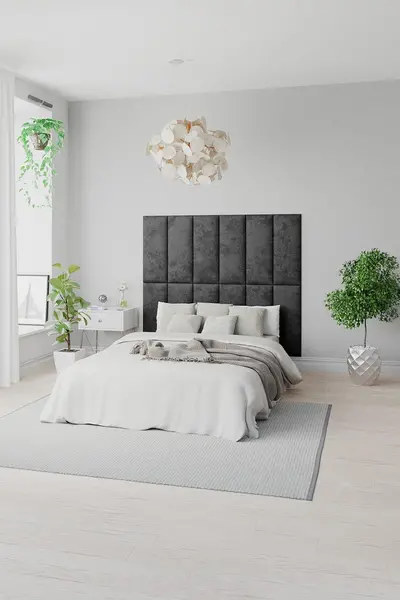 Image of Aspire EasyMount Wall Mounted Upholstered Panels, Modular DIY Headboard in Malham Weave Fabric (Pack of 8) Black