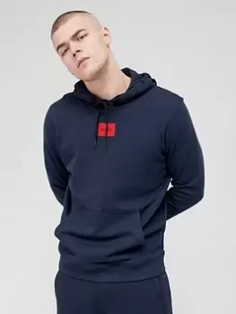 Image of HUGO Daratschi Red Patch Logo Overhead Hoodie - Dark Blue, Dark Blue, Size 2XL, Men