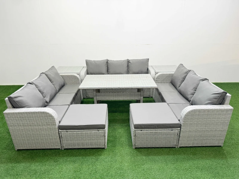 Image of Fimous PE Rattan Lounge Sofa Set 11 Seater Outdoor Garden Furniture Set with Rectangular Dining Table 3 Seater Sofa 2 Big Footstools 2 Side Table Ligh