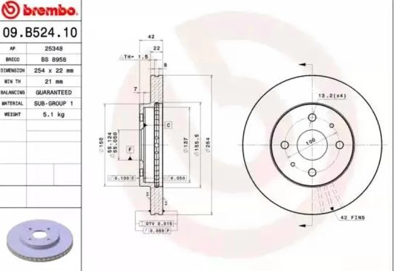 Image of BREMBO 09.B524.10 Brake disc PRIME LINE internally vented Brake Disc (82)