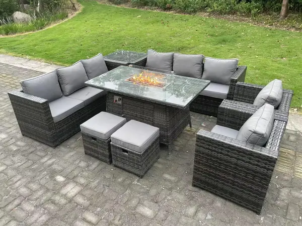 Image of Fimous 8 Seater Outdoor Dark Grey Rattan Lounge Complete Sofa Set with Gas Firepit and 2 Big Footstool