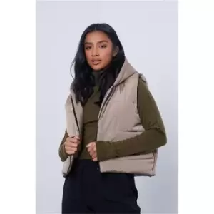 Image of I Saw It First Stone Petite Padded Cropped Zip Up Hooded Gilet - Brown