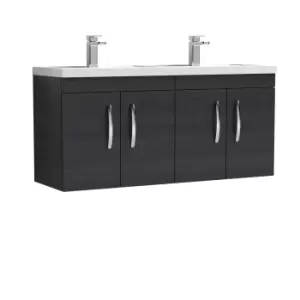 image of Nuie Athena 1200 Wall Hung 4-door Vanity & Polymarble Double Basin - Black Woodgrain