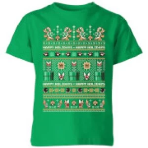 image of Nintendo Super Mario Happy Holidays The Bad Guys Kid's Christmas T-Shirt - Kelly Green - 11-12 Years