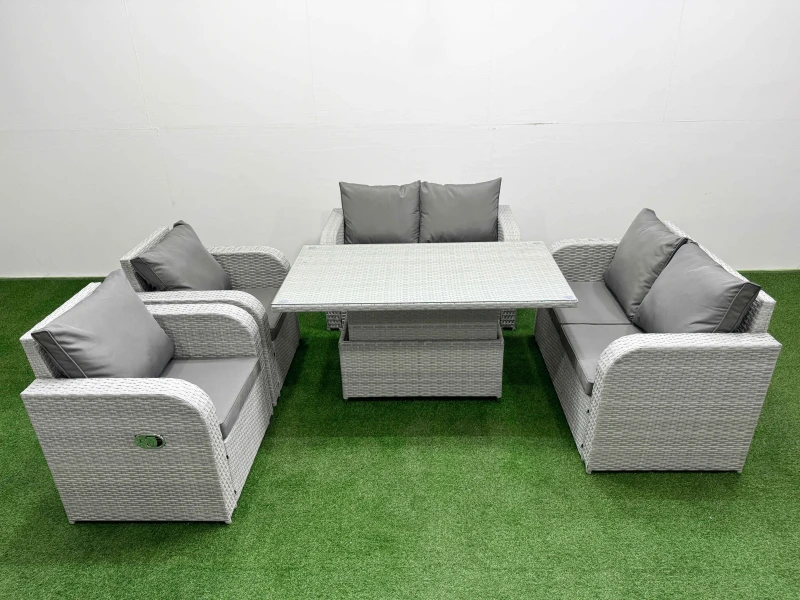 Image of Fimous 6 Seater Outdoor Reclining Chair Love Sofa Set Rattan Garden Furniture Set with Adjustable Lifting Dining or Coffee Table Light Grey Light Grey