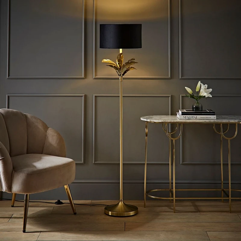 Image of ValueLights ValueLights Christina Velvet with Gold Metallic Inner Drum Shade Gold Palm Leaf Floor Lamp in Black One Size Unisex 5059406065415