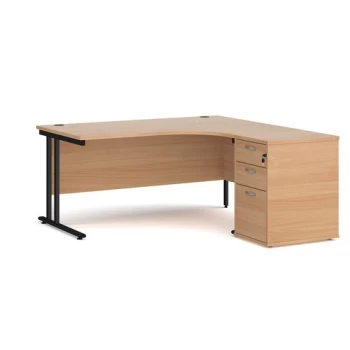 Image of Office Desk Right Hand Corner Desk 1600mm With Pedestal Beech Top With Black Frame Maestro 25