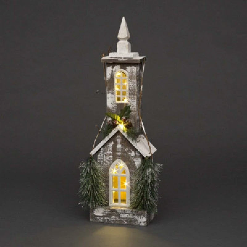 Image of Shatchi Christmas Decoation Wooden House Green Tabletop Decorated with Berries, Pines and Small Warm White Bulbs Cream