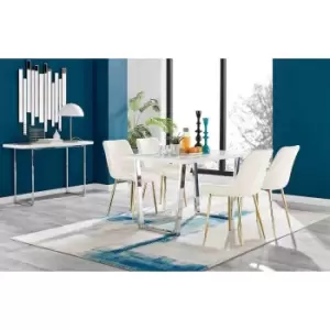 Image of Furniture Box Kylo White High Gloss Dining Table and 4 Cream Pesaro Gold Leg Chairs