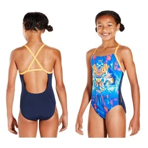 image of Speedo Dreamscape Fusion Placement Crossback Swimsuit Junior Navy/Orange 24"