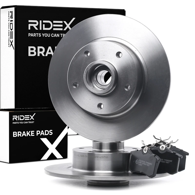 Image of RIDEX 3405B0934 Brake disc and pads set Rear Axle, Brake Disc Type: Solid, not prepared for wear warning indicator, with wheel bearing Brake Set,disc