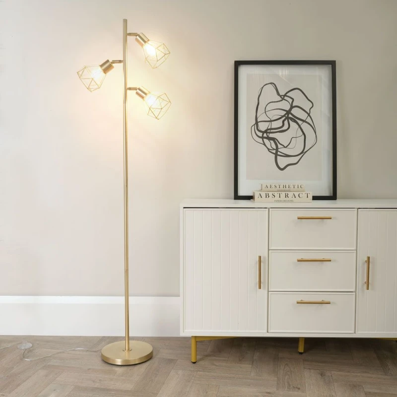 Image of ValueLights Angus Metal Geometric Basket Shade Floor Lamp with LED Bulb Gold