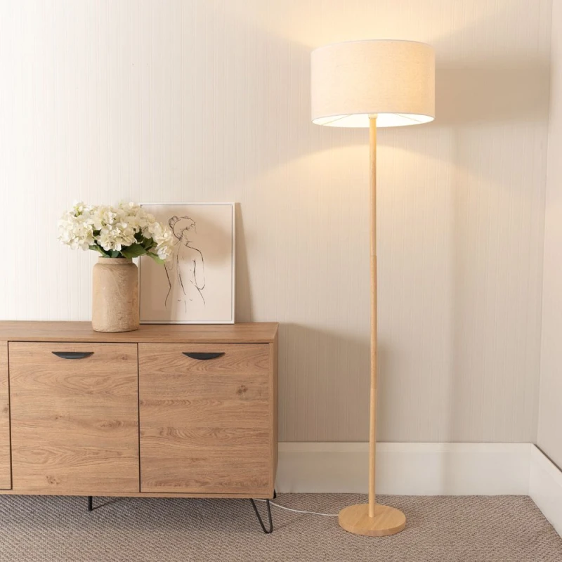 Image of ValueLights Heather Light Wood Single Stem Floor Lamp with Natural Fabric Drum Lamp Shade White