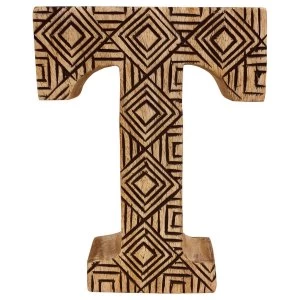 image of Letter T Hand Carved Wooden Geometric