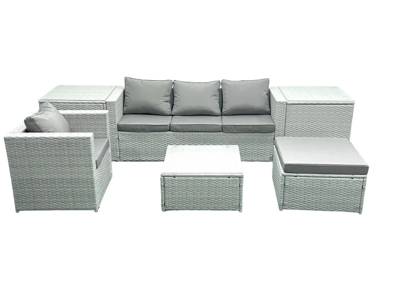 Image of Fimous Garden Outdoor Furniture Set 5 Seater Rattan Sofa Set with Big Footstool Armchair 2 Side Tables Light Grey Mixed Light Grey