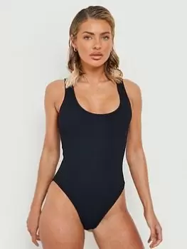 Image of Boohoo Crinkle Scoop Swimsuit - Black, Size 12, Women