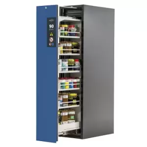 image of asecos Type 90 fire resistant vertical pull-out cabinet, 1 drawer, 5 shelves, grey/blue