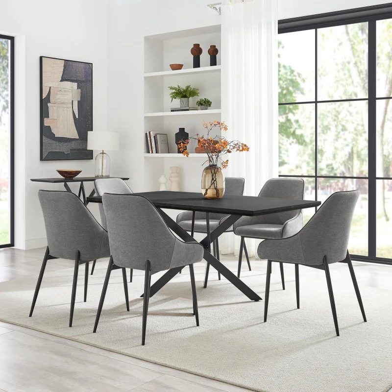 Image of FurnitureboxUK FurnitureboxUK Leonardo Black Top Dining Table & 6 Beaumont Fabric Chairs in Grey Grey One Size Unisex 5056784313275