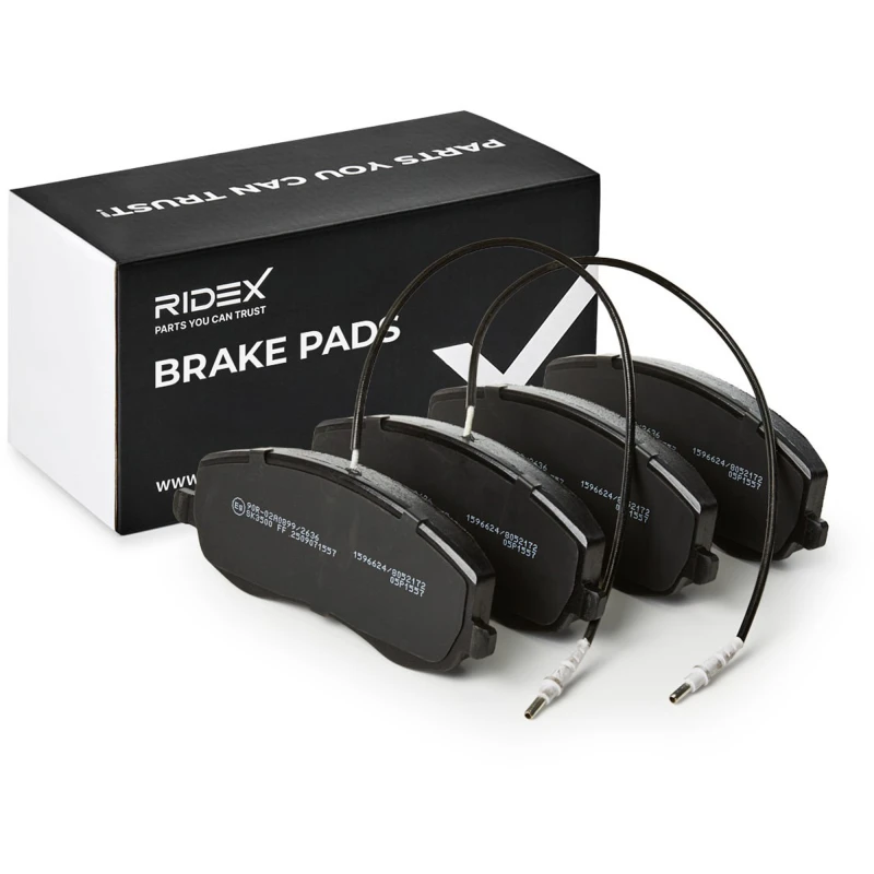 Image of RIDEX 402B0596 Brake pad set Front Axle, incl. wear warning contact, with fastening/mounting material Brake Pad Set,disc brake (402)