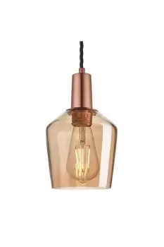 Image of Sleek Tinted Glass Schoolhouse Pendant, 5.5 Inch, Amber, Copper Holder