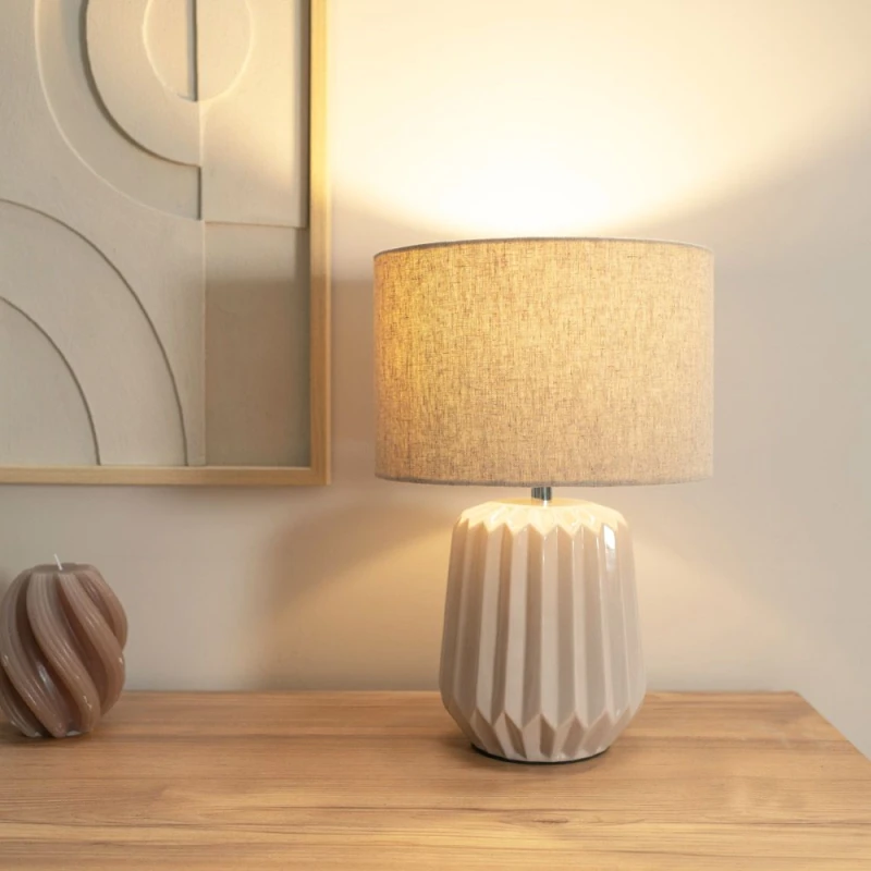 Image of ValueLights Zak Pair Pleated Textured Ceramic Table Lamps with matching Fabric Lamp Shades Cream