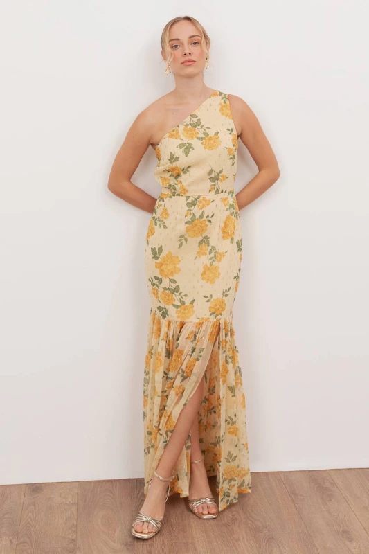 Image of Anaya with Love Womens Floral Print One Shoulder Maxi Dress in Yellow Size: 8 Yellow Female 8